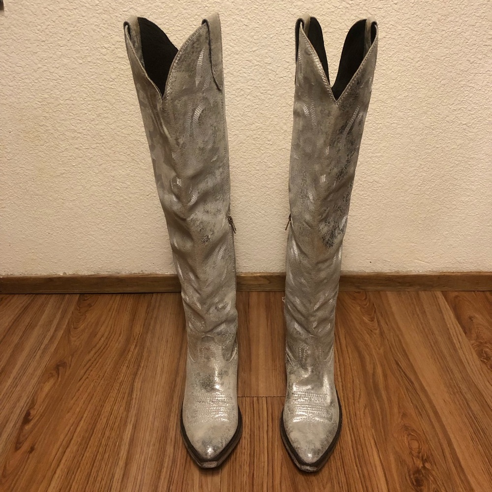 NWOB LIBERTY Black Allysa Metallic Silver Over-the-Knee Boots - Picture 4 of 17